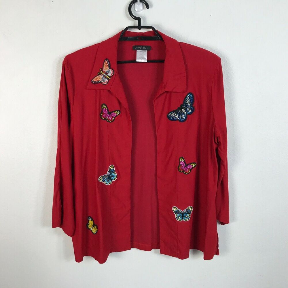 Vintage Blazer Size L Slinky Brand‎ Butterflies Red Rhinestones Beading Womens